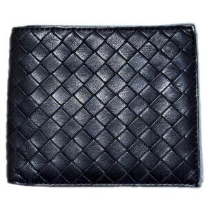 Authentic Bottega Veneta Woven Leather Bifold Wallet - Black/Blue Bicolor